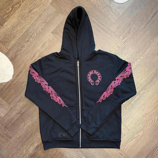 Chrome Hearts Floral Horseshoe Zip-Up Hoodie Black Hot Pink