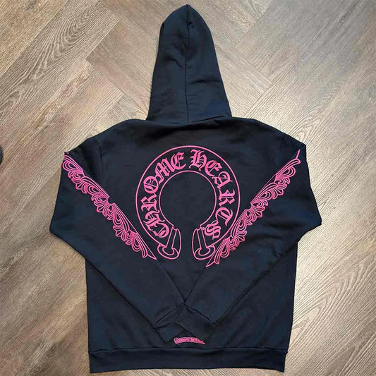 Chrome Hearts Floral Horseshoe Zip-Up Hoodie Black Hot Pink