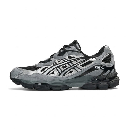 Lateral profile view of the ASICS GEL-NYC Black Pure Silver Grey sneaker featuring a black mesh upper, metallic silver synthetic tiger stripes, grey suede overlays, and a black GEL-cushioned midsole.