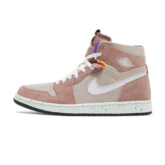 Lateral profile view of the Jordan 1 High Zoom Air CMFT Fossil Stone sneaker featuring rose-brown suede overlays, khaki-grey canvas underlays, a recessed white Swoosh, and a speckled white midsole.