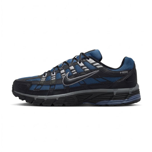 Lateral profile view of the Nike P-6000 Diffused Blue Cool Grey sneaker featuring a diffused blue mesh upper, black leather overlays, silver Swoosh with outline trim, and a cool grey and black midsole.