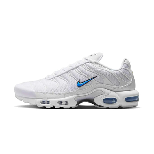 Side profile view of the Nike TN Air Max Plus White Blue Crystal sneaker featuring a white mesh upper, white wavy TPU caging, vibrant crystal blue outlined Swoosh, and visible Air units in a white midsole.