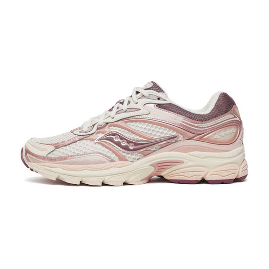 Lateral profile view of the Saucony ProGrid Omni 9 Ivory Peony sneaker featuring an ivory mesh upper, metallic pink and mauve overlays, Saucony river side logo, and a cream foam midsole.