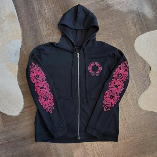 Chrome Hearts Black Pink Floral Zip Hoodie - 3