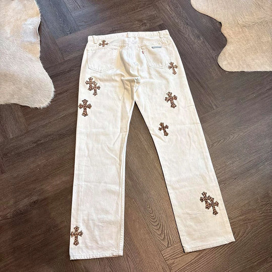 Chrome Hearts leopard cross patch denim jeans white