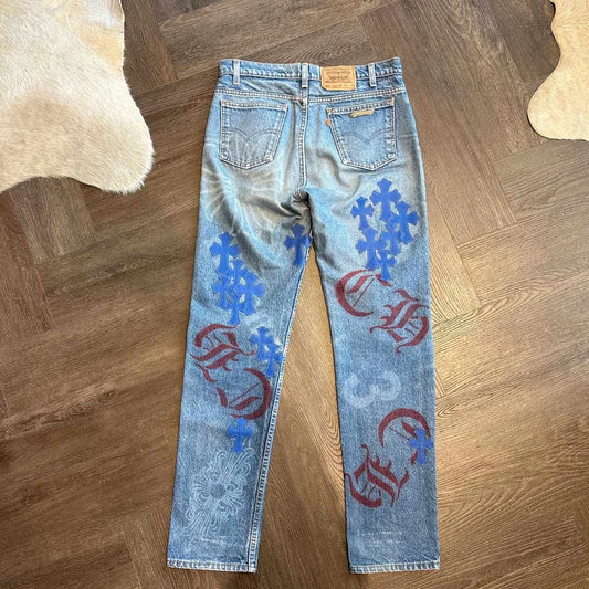 Luxury Chrome Hearts Paris jeans blue leather patch denim