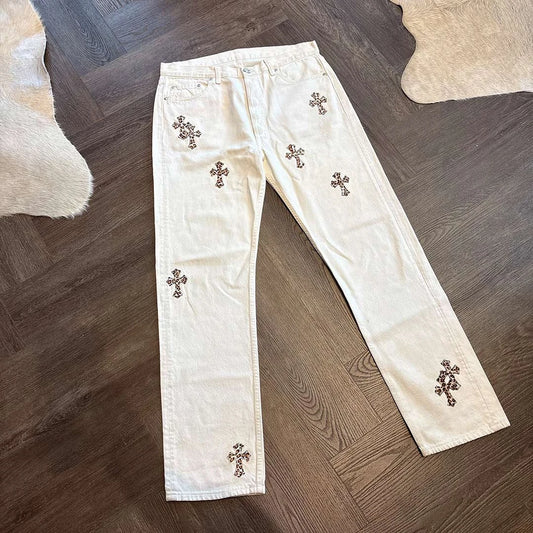 Luxury Chrome Hearts cross patch jeans white denim
