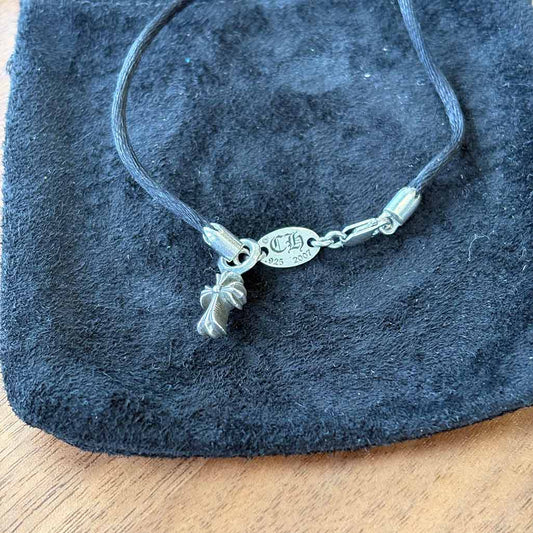 Chrome Hearts Silver Cross Pendant Black String Bracelet
