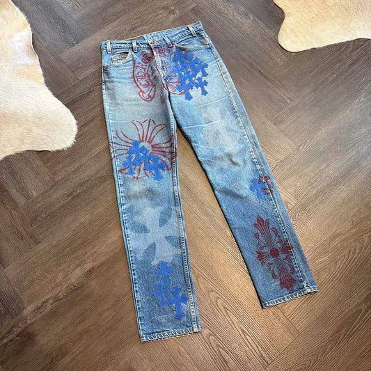 Chrome Hearts blue leather patch denim jeans Paris edition