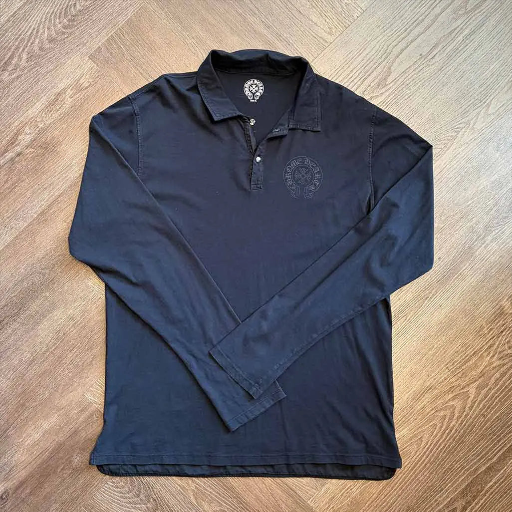 Chrome Hearts Horseshoe Logo Polo Shirt Silver Cross Buttons