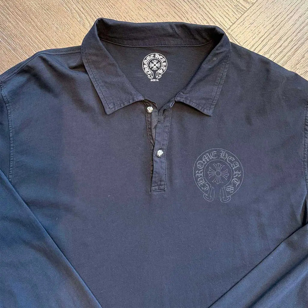 Chrome Hearts Horseshoe Logo Polo Shirt Silver Cross Buttons