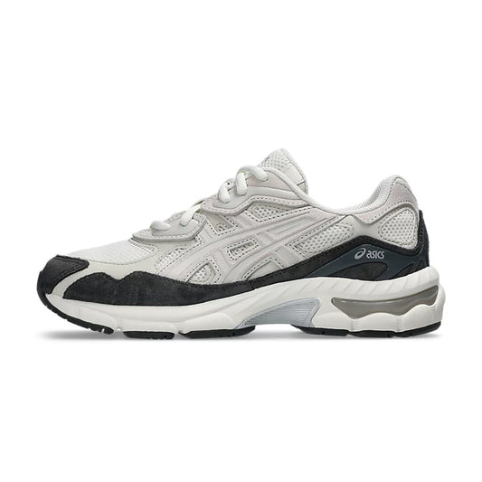 Lateral profile view of the ASICS GEL-NYC Cream Smoke Grey sneaker featuring a cream mesh upper, off-white synthetic overlays, dark smoke grey suede mudguard, cream midsole, and visible GEL pods.