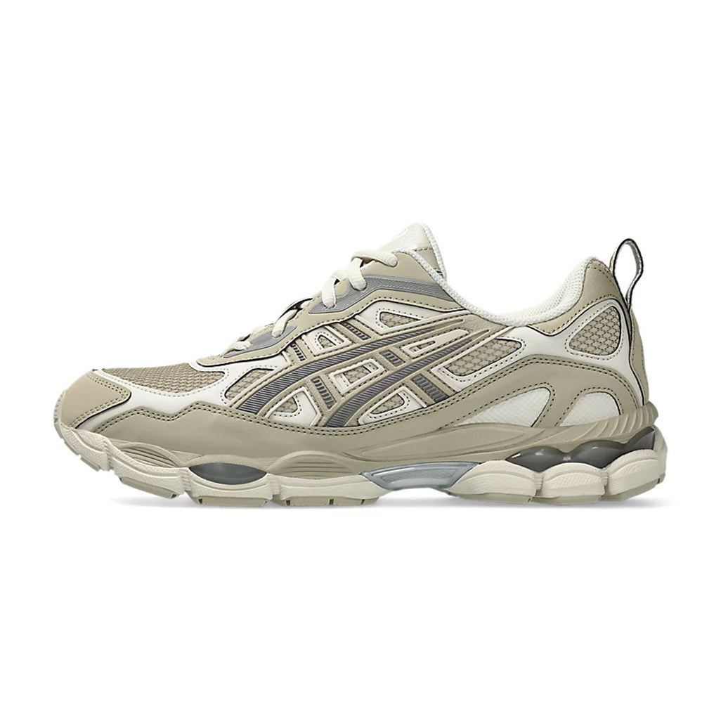 Lateral profile view of the ASICS GEL-NYC RGD Smoke Grey Wool sneaker featuring an oatmeal and smoke grey wool and suede upper, cream midsole, dark grey GEL cushioning pods, and tonal ASICS tiger stripes.