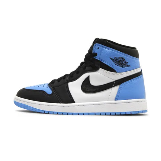 Side profile view of the Air Jordan 1 Retro High OG UNC Toe (GS) sneaker showing a University Blue heel counter and collar, white mid-panel, black overlays, black Nike Swoosh, and a blue rubber outsole.