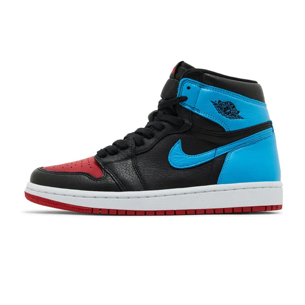 Lateral side view of the Jordan 1 Retro High OG NC to Chi sneaker featuring a black leather base, powder blue heel and Swoosh, red toe box, white midsole, and red outsole.