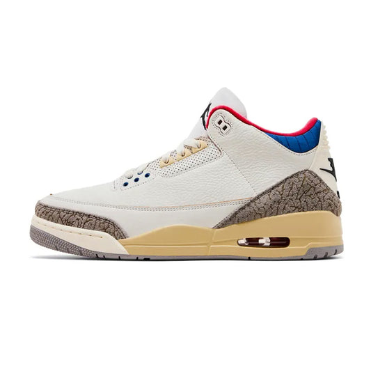 Lateral side view of the Jordan 3 Retro Seoul 2.0 sneaker featuring a white leather upper, blue ankle collar, red tongue lining, grey elephant print on the heel and toe, aged sail midsole, and Nike Air heel branding.