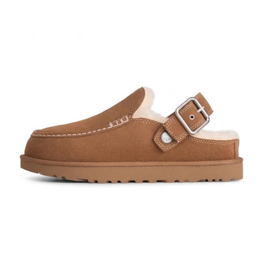Lateral side view of the UGG Goldenstar Evelina Clog in Chestnut featuring a brown suede upper, white contrast stitching, plush cream shearling lining, an adjustable heel strap with a silver buckle, and a matching brown platform sole.