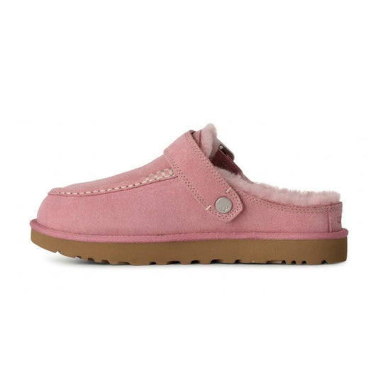 Lateral side view of the UGG Goldenstar Evelina Clog in Dusty Orchid featuring a pink suede upper, plush pink shearling lining, adjustable heel strap with a silver buckle, and a brown platform sole.
