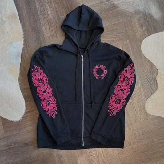 Chrome Hearts Black Pink Floral Zip Hoodie - 1