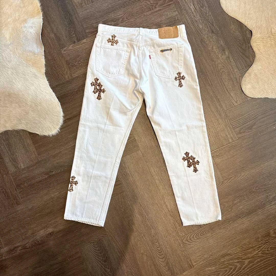 Chrome Hearts white leopard patch jeans streetwear