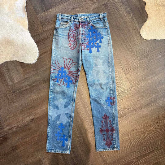 Chrome Hearts Paris Exclusive leather patch jeans blue denim