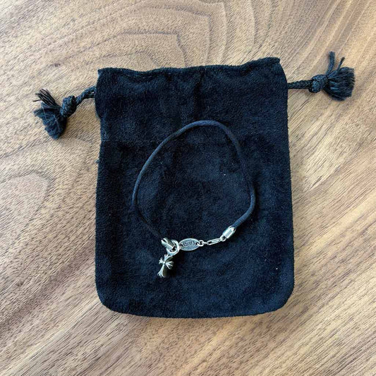 Chrome Hearts Silver Cross Pendant Black String Bracelet