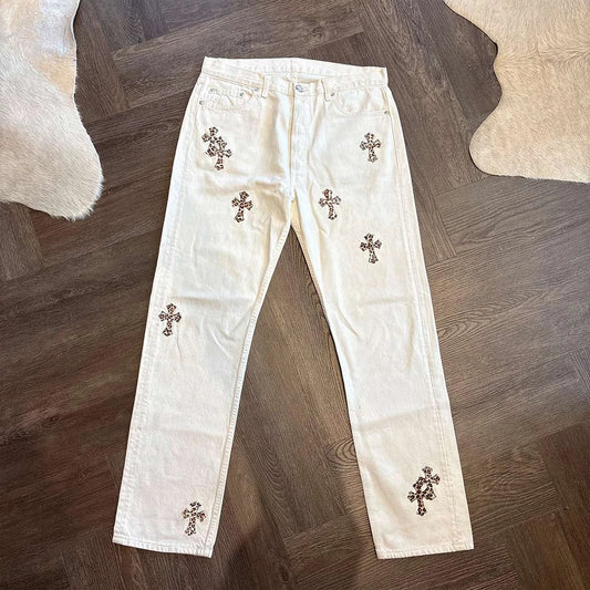 Chrome Hearts white leopard cross patch jeans denim